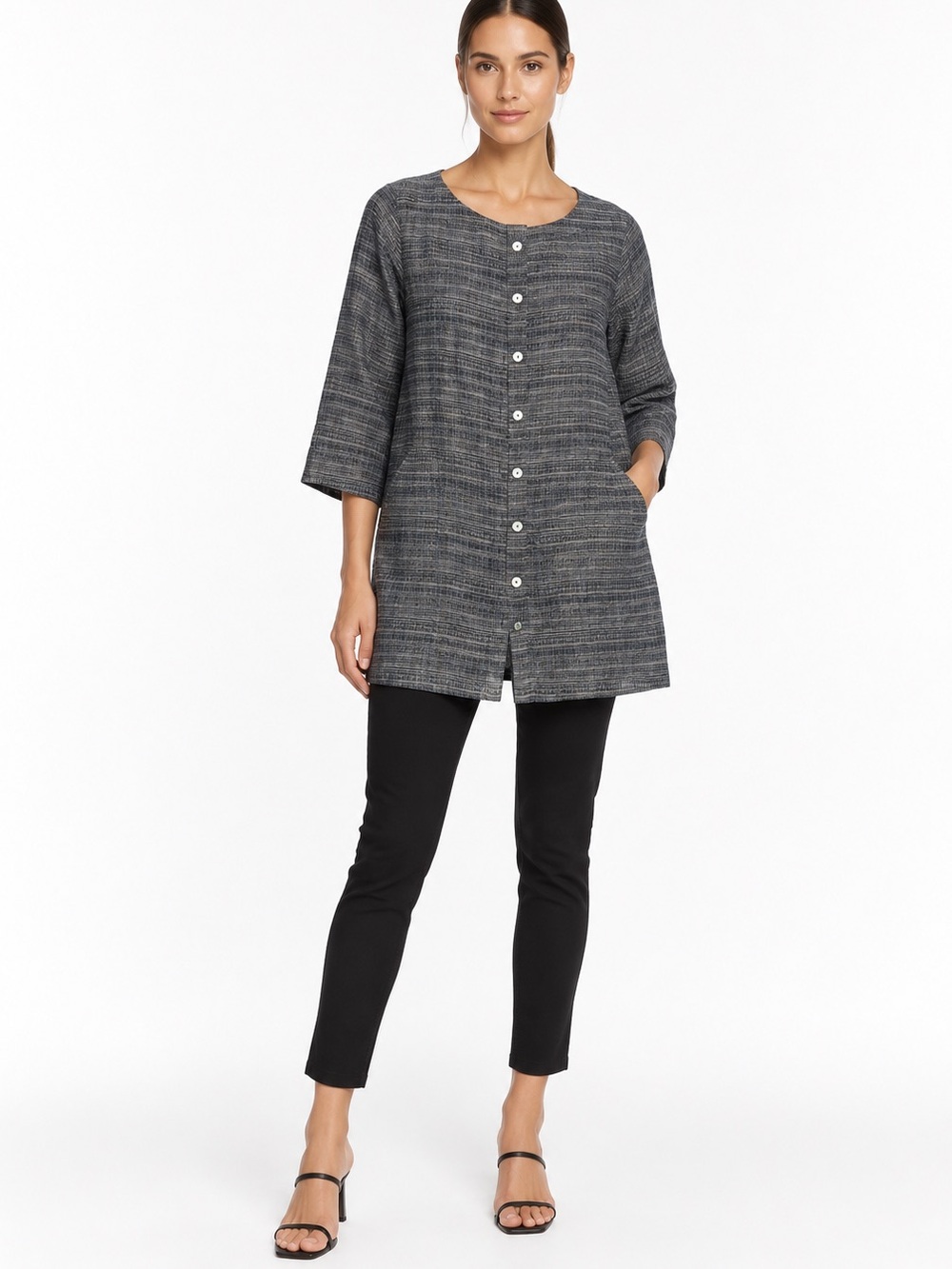 Eileen Fisher organic linen Charcoal Textured Button Front Tunic Top Size S/P